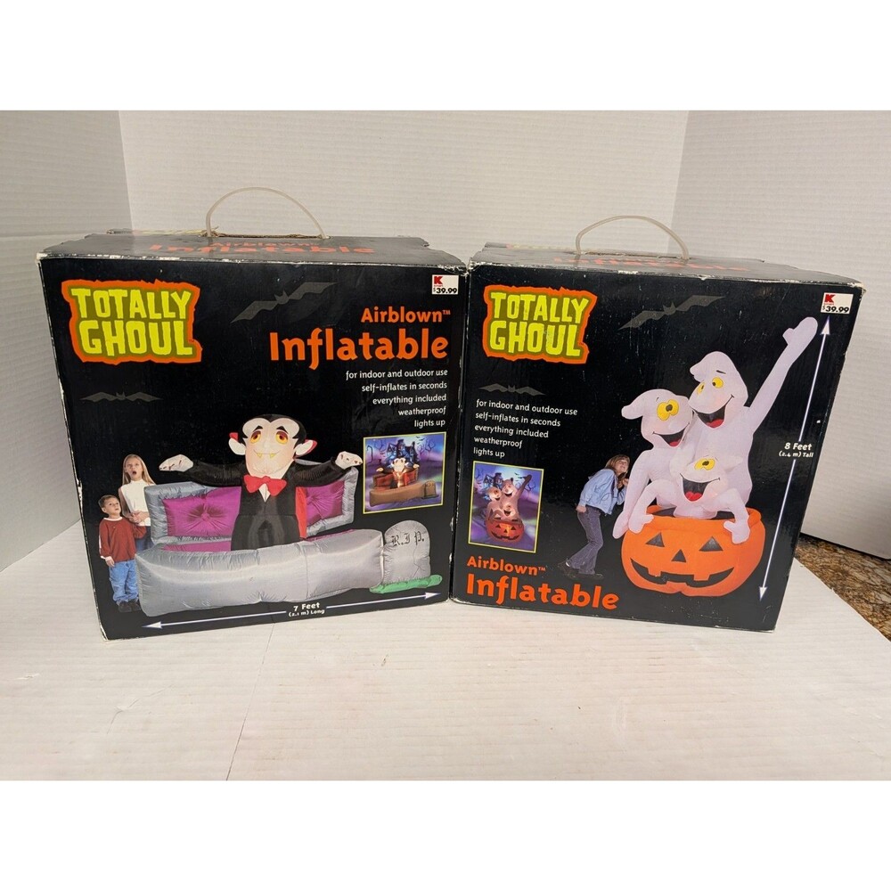 Ghosts in Jack-O-Lantern Inflatable & Vampire In Coffin Totally Ghoul Vintage